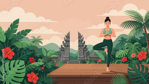 Woman Practicing Yoga Tree Pose on Wooden Deck in Tropical Balinese Jungle