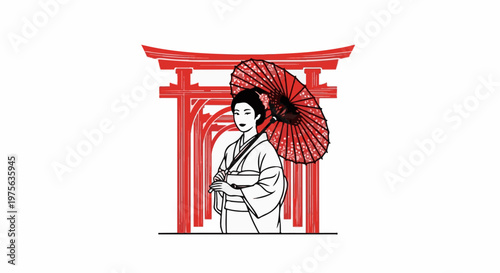 Japanese woman in traditional attire holding a red patterned umbrella