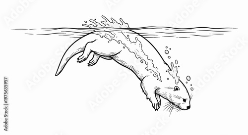 Line art of an otter diving into wavy water, creating splashes and bubbles