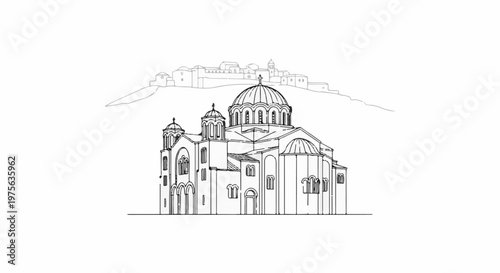 Line art of a Byzantine-style church with domes, a bell tower, and a hill town