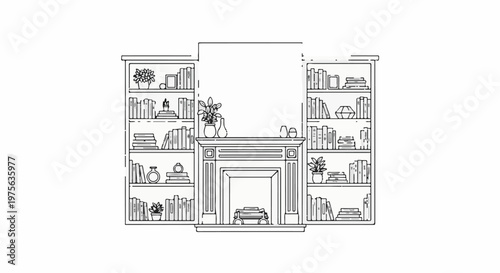 Line art of a fireplace with bookshelves filled with books and plants