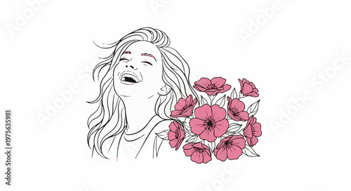 Line drawing of a woman's face in profile laughing, with pink flowers