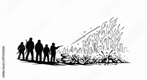 Silhouetted figures point to a burning cityscape with debris in the foreground