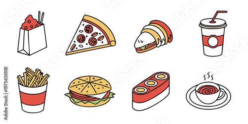 Delicious variety of colorful food and drink illustrations set in a circular layout