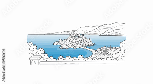 Rocky island with ancient ruins connected by a causeway to a coastal town