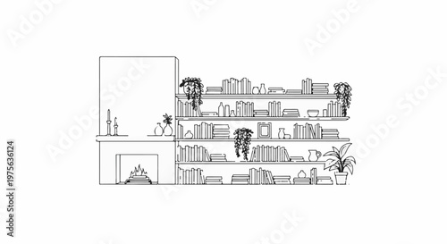 Sketch of a fireplace with candles, vases, and overflowing bookshelves with plants