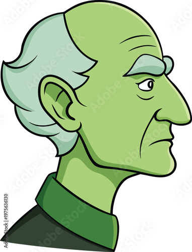 Cartoon Profile of Older Man with Green Skin and Gray Hair