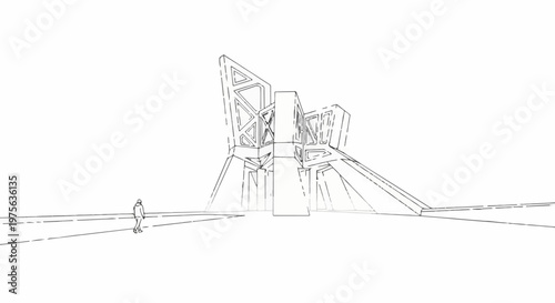 Sketch of a modern architectural structure with a solitary figure