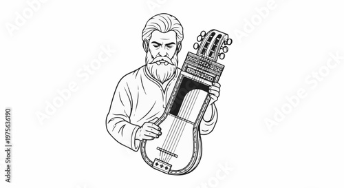 Stylized black and white drawing of a man with a beard holding a lyre-like instrument