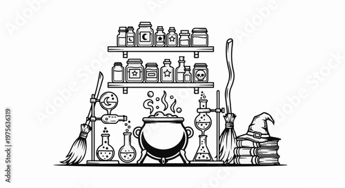 Whimsical witch's laboratory with bubbling cauldron, brooms, potions, and hat
