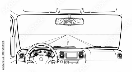 View from car interior of road stretching to horizon