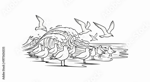 White line art depicts seagulls and waves on a shore