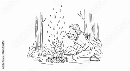 Woman blowing on a campfire in a forest clearing, surrounded by trees and bushes