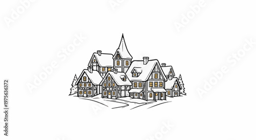 Cozy village nestled in snow with warmly lit windows under a starry sky