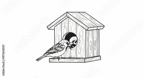A bird perched on a feeder house, eating seeds with its beak