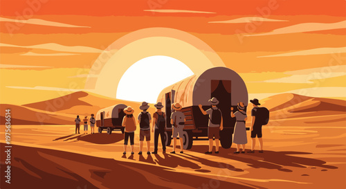 Desert travelers with covered wagons under a bright setting sun