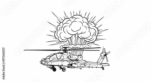 A black and white drawing of a military helicopter in front of a large explosion