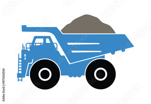 Side view illustration of a heavy construction dump truck, designed as a clean flat vector icon on white.