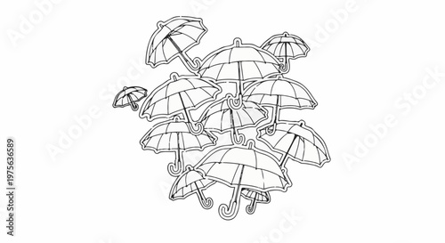 A collection of black and white outlines of umbrellas in a jumbled cluster