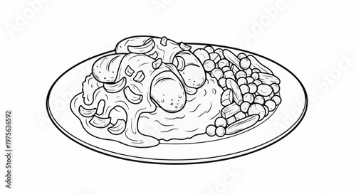 A close-up line drawing of a dinner plate filled with mashed potatoes, peas, and other food items