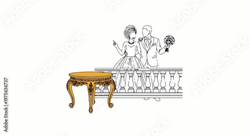 Elegant couple with bouquet on balcony beside ornate table