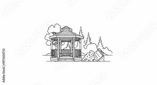 A line drawing of an octagonal gazebo surrounded by trees and foliage