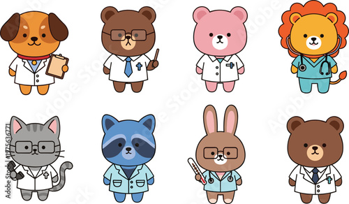 Cute Cartoon Animal Doctor Character Set Featuring Dog Bear Cat Rabbit Raccoon and Lion in Medical Uniform Illustration Collection
