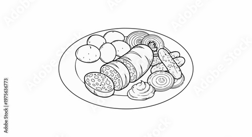 Hand-drawn illustration of a sliced sausage, eggs, pickles, onions, and a dollop of sauce