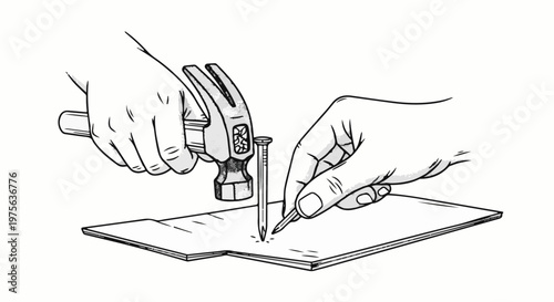 Hands hammering a nail into a thin sheet of material