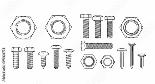Line drawings of various fasteners hexagonal nuts, bolts, screws, and nails