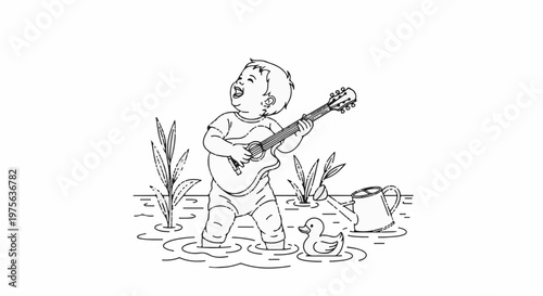 Joyful child playing guitar in shallow water with a duck and watering can