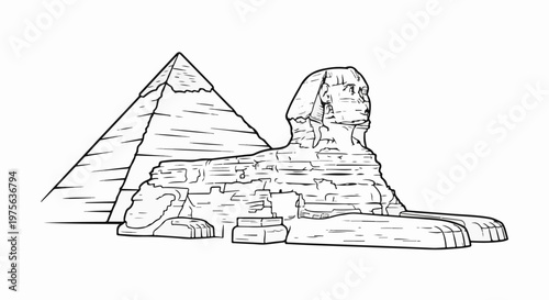 A pyramid and a Sphinx, iconic ancient Egyptian structures, rendered in a simple outline