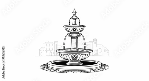 Ornate multi-tiered fountain with cascading water in front of faded buildings