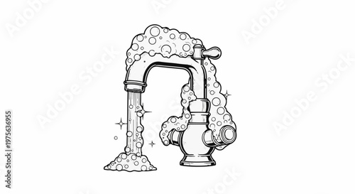 A stylized illustration of a kitchen faucet producing abundant suds and sparkling water