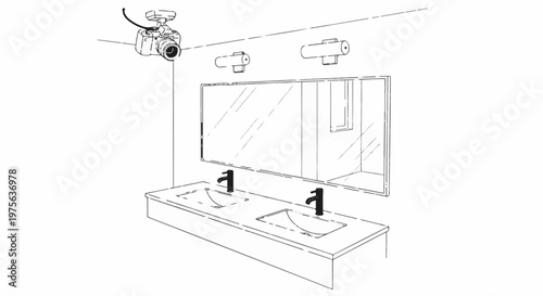 Overhead camera monitors a dual-sink bathroom vanity with faucets and mirror