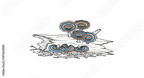 Colorful shelf mushrooms growing on a fallen log