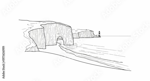 A white chalk cliff coastline with an archway, a sandy beach, and a distant lighthouse
