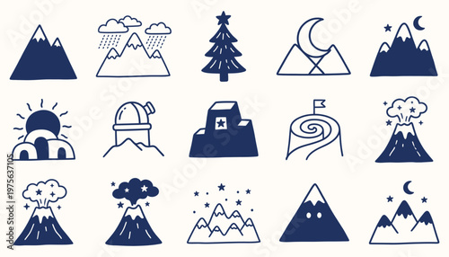 Minimalist hand drawn mountain and nature icons set