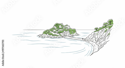 Serene coastal scene with a rocky, tree-covered island and a cliffside