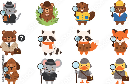 Cute Cartoon Animal Detective Character Set Featuring Fox Raccoon Bear Duck Dog and Various Investigators with Magnifying Glass Illustration Collection
