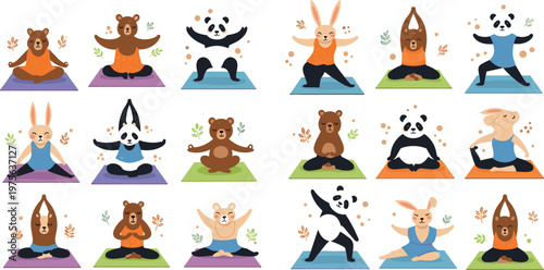 Cute Cartoon Animal Yoga Character Set Featuring Panda Rabbit Dog Bear and Various Wildlife Performing Meditation and Fitness Poses Illustration Collection