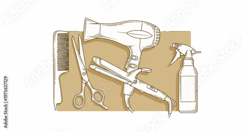 Stylist's tools comb, scissors, hairdryer, curling iron, and spray bottle