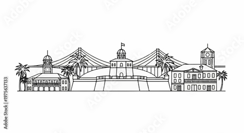 Black and white line drawing of a coastal city skyline with palm trees