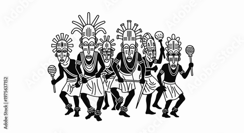 Stylized black and white illustration of figures in tribal masks and attire