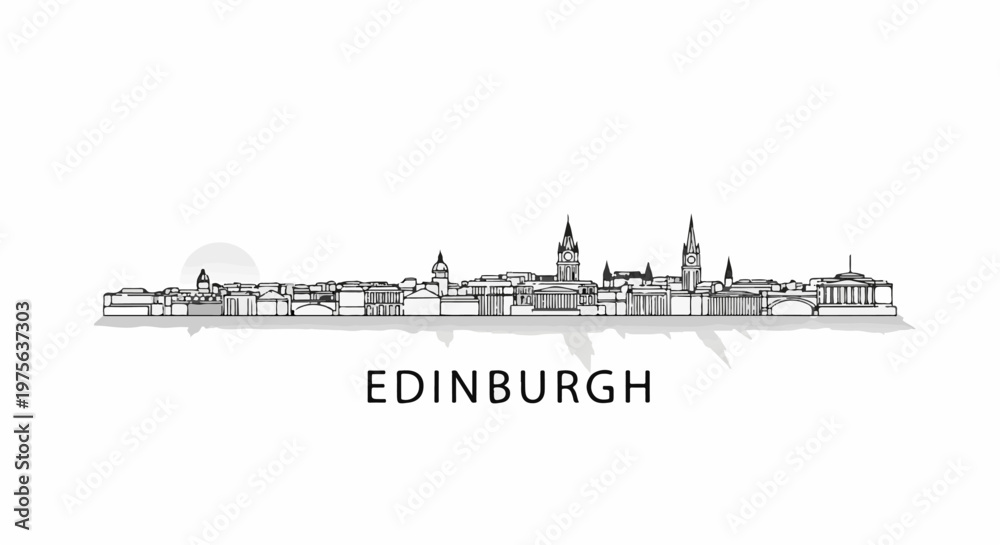 Fototapeta premium Stylized sketch of Edinburgh's skyline with prominent clock tower and sun graphic