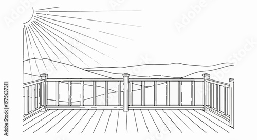 Sunny day overlooking hills from a wooden deck with a railing