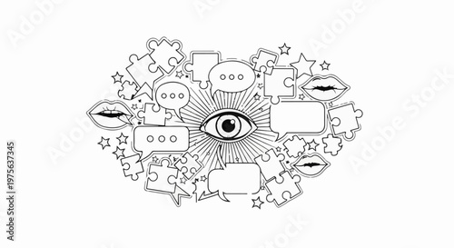 Symbolic abstract image with eye, lips, puzzle pieces and speech bubbles
