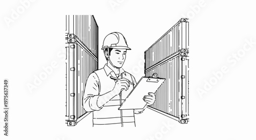 A worker in a hard hat checks a clipboard amidst stacked shipping containers