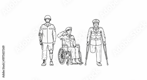 Three service members, two with amputations, stand or sit in uniform