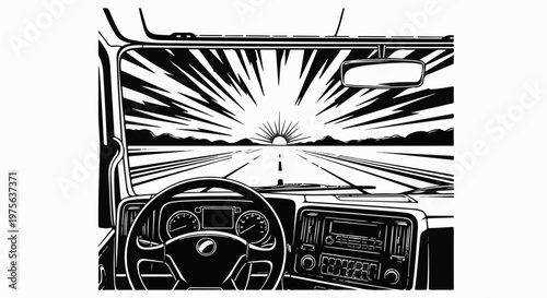 View from inside a truck cab looking out at a sunrise on a road